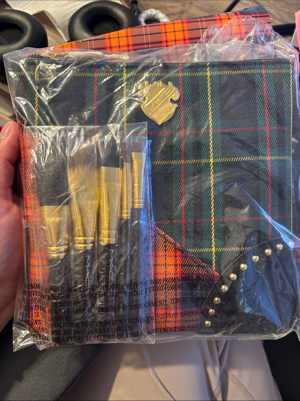 MAC Cosmetics Black & Gold Tartan Brush Set with Studded Pouch